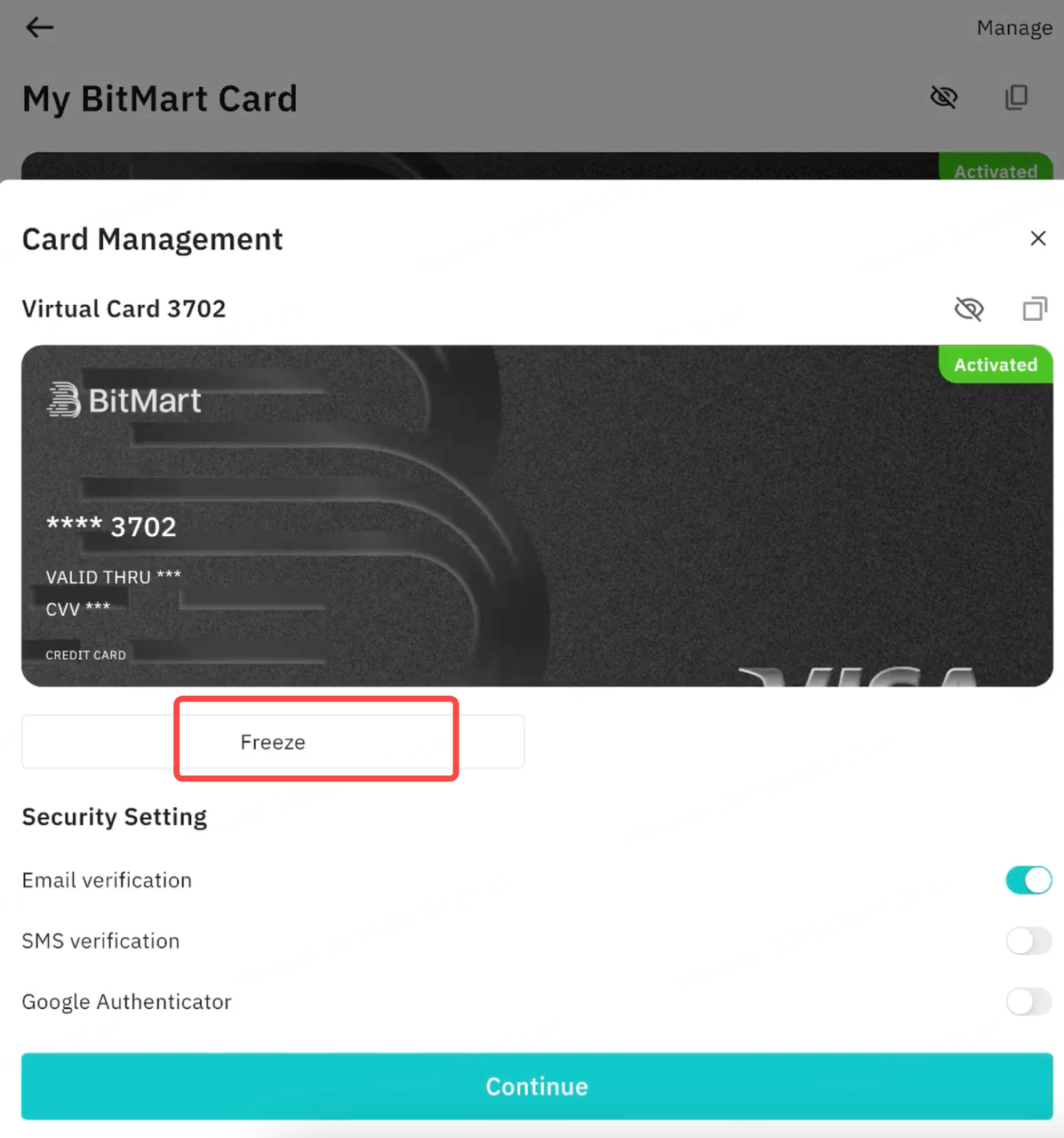 BitMart Card freeze toggle to stop further SaaS charges
