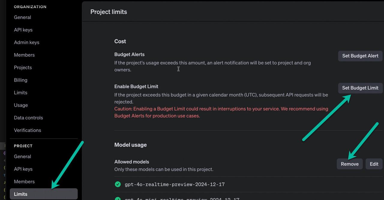 OpenAI Platform billing page showing saved monthly API hard limit