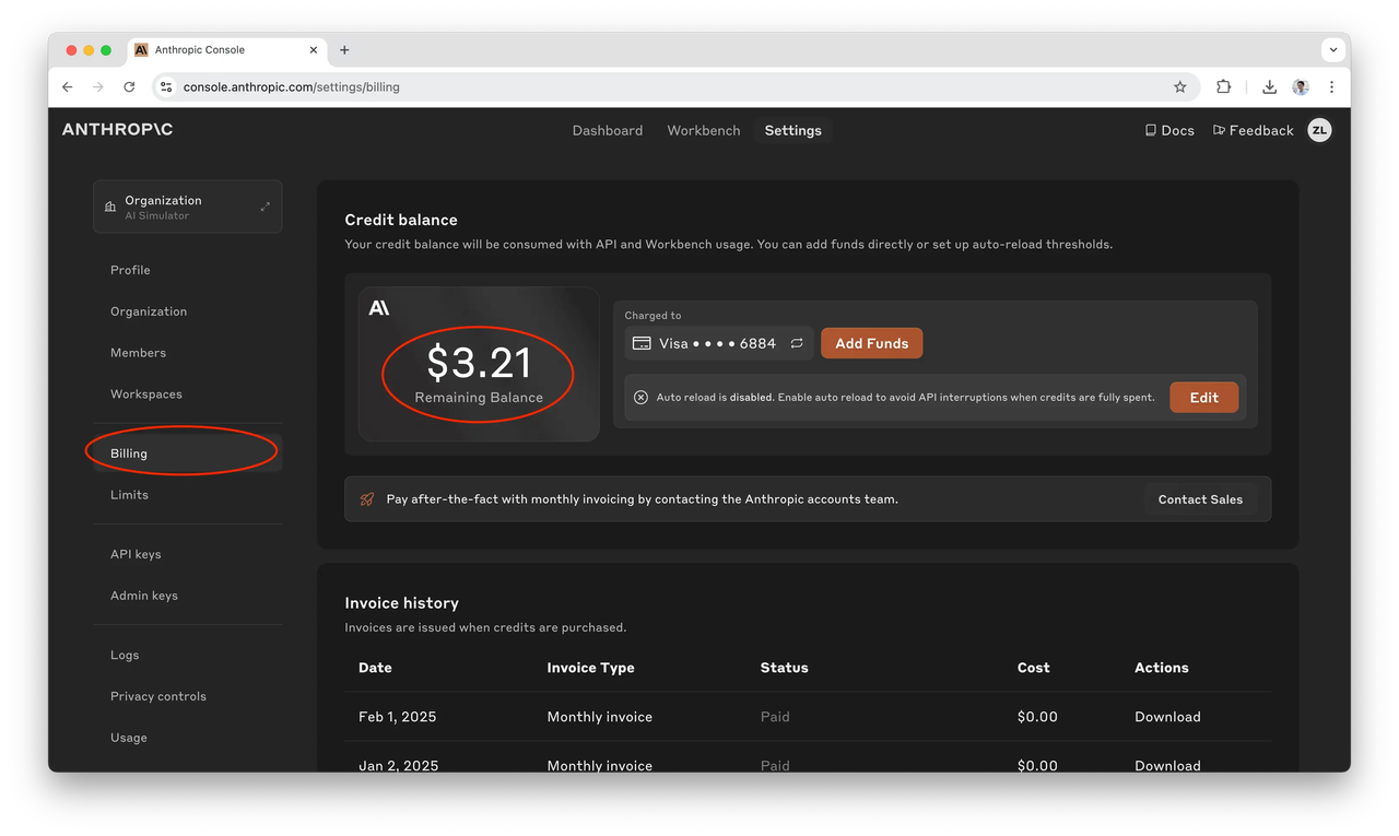 Anthropic Console showing prepaid API credits balance after purchase