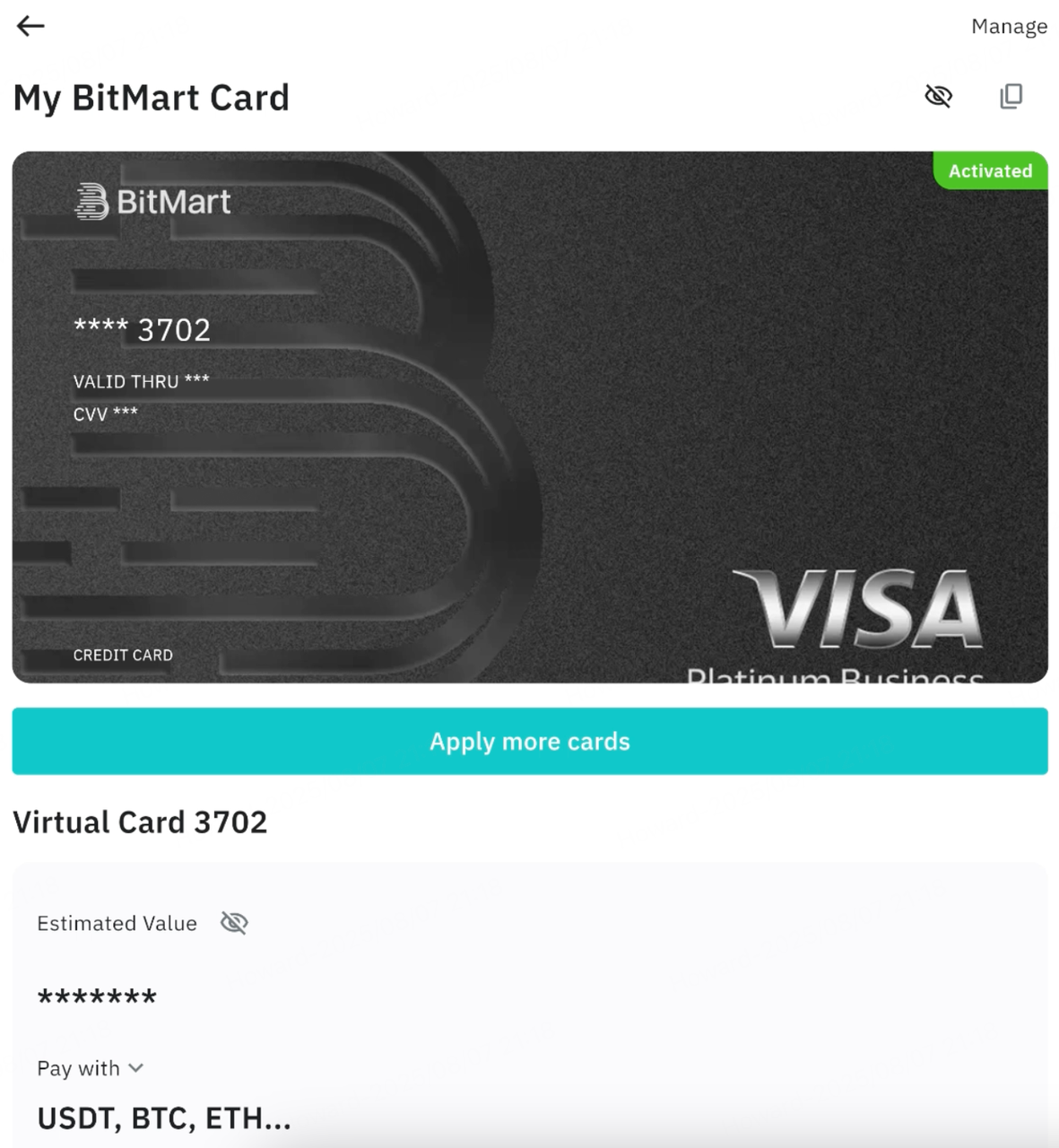 BitMart Card app spending limit screen for virtual Visa